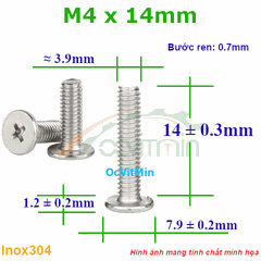 Ốc Bake Đầu Dẹp Mỏng M4x14mm Inox304 - Oc PaKe Dau Dep Mong