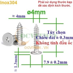 Vít Ren Xoắn Đường Kính 4mm Đầu Dẹp Mỏng Inox 304