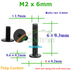 Ốc Bake Đầu Dẹp Mỏng M2x6mm - ø6mm Thép Cacbon - Oc PaKe Dau Dep Mong