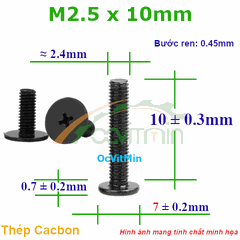 Ốc Bake Đầu Dẹp Mỏng M2.5x10mm - ø7mm Thép Cacbon - Oc PaKe Dau Dep Mong