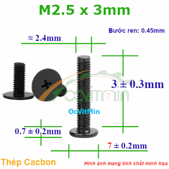 Ốc Bake Đầu Dẹp Mỏng M2.5x3mm - ø7mm Thép Cacbon - Oc PaKe Dau Dep Mong