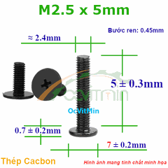 Ốc Bake Đầu Dẹp Mỏng M2.5x5mm - ø7mm Thép Cacbon - Oc PaKe Dau Dep Mong