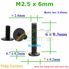Ốc Bake Đầu Dẹp Mỏng M2.5x6mm - ø7mm Thép Cacbon - Oc PaKe Dau Dep Mong