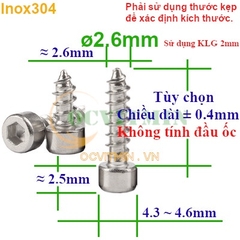 Vít Lục Giác Trụ Ren Xoắn M2 M2.6 Ren Thưa Inox 304