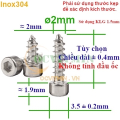 Vít Lục Giác Trụ Ren Xoắn M2 M2.6 Ren Thưa Inox 304