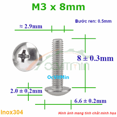 Ốc Bake Đầu Dù M3x8mm Inox304  - Oc PaKe Dau Du