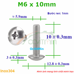 Ốc Bake Đầu Dù M6x10mm Inox304 - Oc PaKe Dau Du
