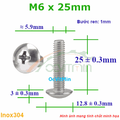 Ốc Bake Đầu Dù M6x25mm Inox304 - Oc PaKe Dau Du