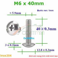 Ốc Bake Đầu Dù M6x40mm Inox304 - Oc PaKe Dau Du