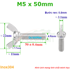 Ốc Tai Hồng Bulong Cánh Chuồn M5x50mm Inox304 - Oc Tai Hong Canh Chuon