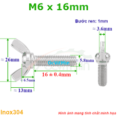 Ốc Tai Hồng Bulong Cánh Chuồn M6x16mm Inox304 - Oc Tai Hong Canh Chuon