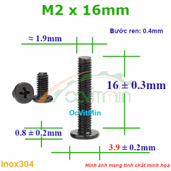 Ốc Bake Đầu Dẹp Mỏng M2x16mm - ø3.9mm Inox304 - Oc PaKe Dau Dep Mong