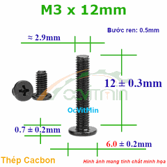 Ốc Bake Đầu Dẹp Mỏng M3x12mm - ø6mm Thép Cacbon - Oc PaKe Dau Dep Mong