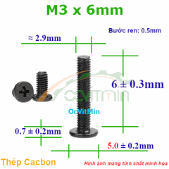 Ốc Bake Đầu Dẹp Mỏng M3x6mm - ø5mm Thép Cacbon - Oc PaKe Dau Dep Mong