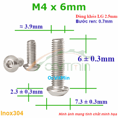 Ốc Lục Giác Đầu Dù M4x6mm Inox304 - Oc Luc Giac Dau Du