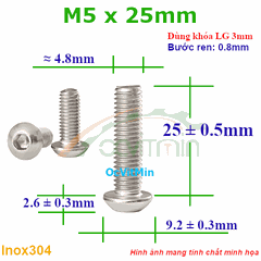 Ốc Lục Giác Đầu Dù M5x25mm Inox304 - Oc Luc Giac Dau Du