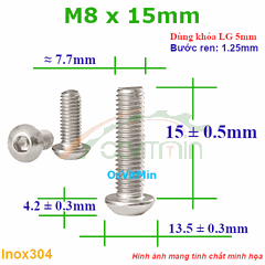 Ốc Lục Giác Đầu Dù M8x15mm Inox304 - Oc Luc Giac Dau Du