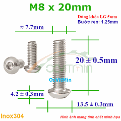 Ốc Lục Giác Đầu Dù M8x20mm Inox304 - Oc Luc Giac Dau Du