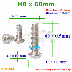 Ốc Lục Giác Đầu Dù M8x60mm Inox304 - Oc Luc Giac Dau Du