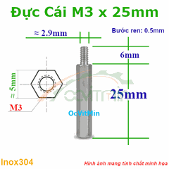 Trụ Inox304 Đực Cái Lục Giác M3x25mm - Tru Duc Cai