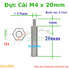 Trụ Inox304 Đực Cái Lục Giác M4x20mm - Tru Duc Cai