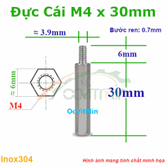 Trụ Inox304 Đực Cái Lục Giác M4x30mm - Tru Duc Cai