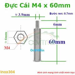 Trụ Inox304 Đực Cái Lục Giác M4x60mm - Tru Duc Cai