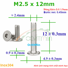 Ốc Lục Giác Dẹp Mỏng M2.5x12mm Inox304 - Oc Luc Giac Dep Mong