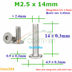 Ốc Lục Giác Dẹp Mỏng M2.5x14mm Inox304 - Oc Luc Giac Dep Mong