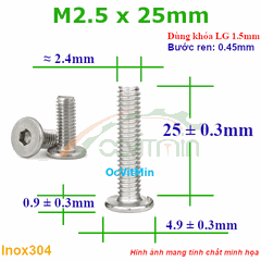 Ốc Lục Giác Dẹp Mỏng M2.5x25mm Inox304 - Oc Luc Giac Dep Mong