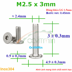 Ốc Lục Giác Dẹp Mỏng M2.5x3mm Inox304 - Oc Luc Giac Dep Mong