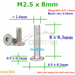 Ốc Lục Giác Dẹp Mỏng M2.5x8mm Inox304 - Oc Luc Giac Dep Mong