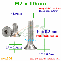 Ốc Lục Giác Đầu Bằng M2x10mm Inox304 - Oc Luc Giac Dau Bang
