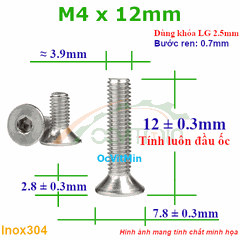 Ốc Lục Giác Đầu Bằng M4x12mm Inox304 - Oc Luc Giac Dau Bang