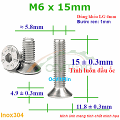 Ốc Lục Giác Đầu Bằng M6x15mm Inox304 - Oc Luc Giac Dau Bang
