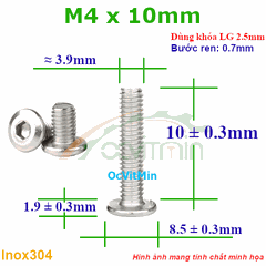 Ốc Lục Giác Đầu Dẹt Tròn M4x10mm Inox304 - Oc Luc Giac Dau Det Tron