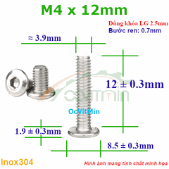Ốc Lục Giác Đầu Dẹt Tròn M4x12mm Inox304 - Oc Luc Giac Dau Det Tron