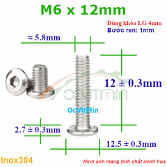 Ốc Lục Giác Đầu Dẹt Tròn M6x12mm Inox304 - Oc Luc Giac Dau Det Tron
