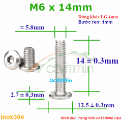 Ốc Lục Giác Đầu Dẹt Tròn M6x14mm Inox304 - Oc Luc Giac Dau Det Tron