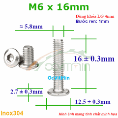 Ốc Lục Giác Đầu Dẹt Tròn M6x16mm Inox304 - Oc Luc Giac Dau Det Tron