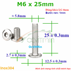 Ốc Lục Giác Đầu Dẹt Tròn M6x25mm Inox304 - Oc Luc Giac Dau Det Tron