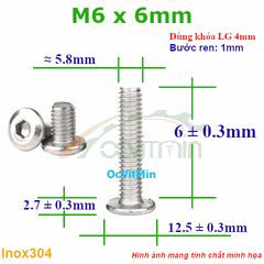 Ốc Lục Giác Đầu Dẹt Tròn M6x6mm Inox304 - Oc Luc Giac Dau Det Tron