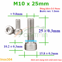 Ốc Lục Giác Đầu Trụ M10x25mm Inox304 - Oc Luc Giac Dau Tru