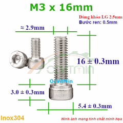 Ốc Lục Giác Đầu Trụ M3x16mm Inox304 - Oc Luc Giac Dau Tru