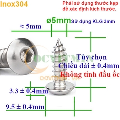 Vít Lục Giác Đầu Dù Ren Xoắn ø5mm Vít Ren Thưa Inox 304