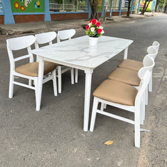 Bộ bàn ăn mặt giả vân đá + 6 ghế Mango