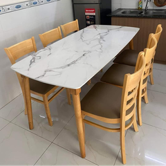 Bộ bàn ăn mặt giả vân đá + 6 ghế Cabin