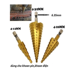 Bộ 3 mũi khoan tháp các bước 4 - 32mm phủ titanium siêu cứng