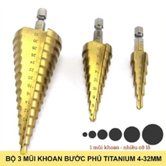 Bộ 3 mũi khoan tháp các bước 4 - 32mm phủ titanium siêu cứng