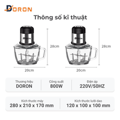 Máy xay thịt cối thủy tinh DORON_176, 800W dung tích 2l xay thịt cá, rau củ đa năng